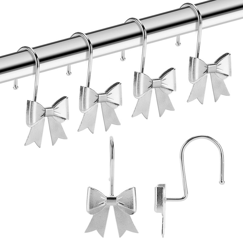 YanKiTour Silver Bow Shower Curtain Hooks, 12 Pack Metal Decorative Rings, Rust Proof Bow Knot Design for Bathroom Bedroom Living Room Baby Room Nursery Art Decor (Silver 1) - Image 1